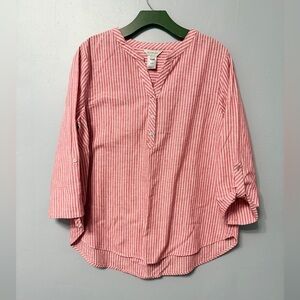 Multiples Linen Blend Red Striped Half Button-Down Shirt